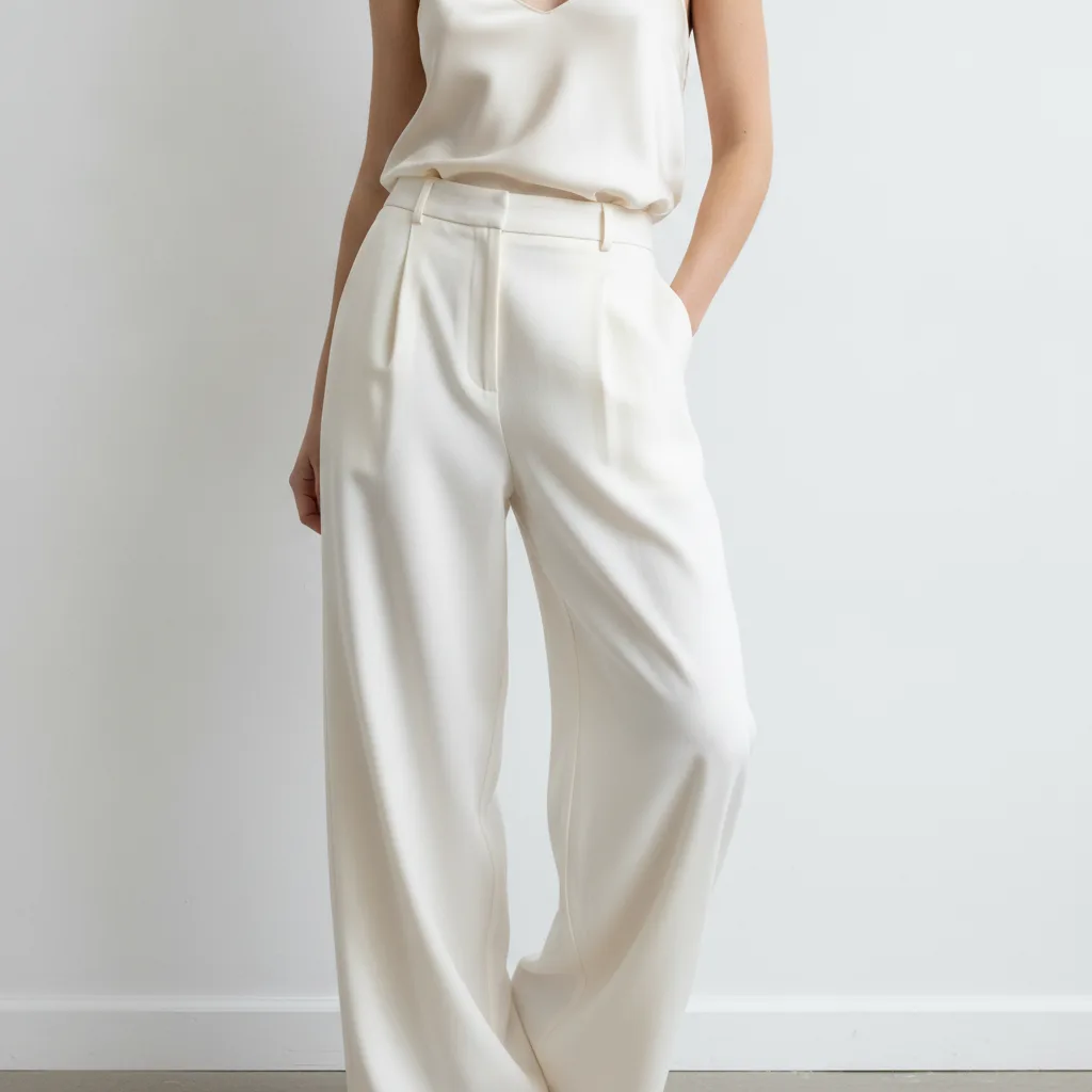Minimalist ivory trousers and silk cami outfit