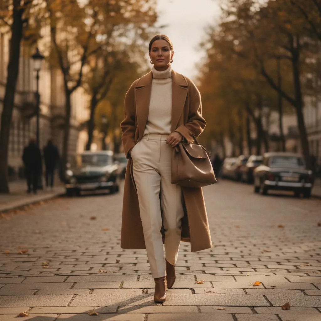 Camel coat with high-waist straight-leg trousers