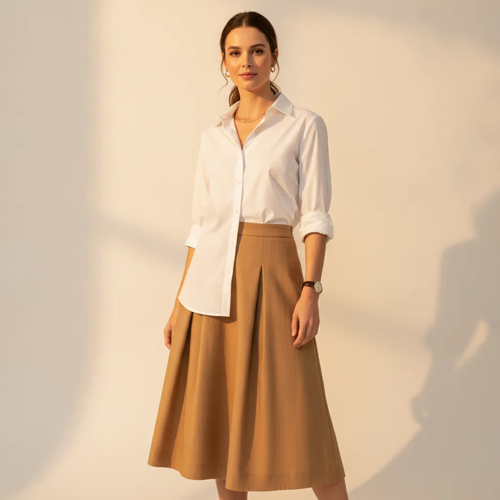A-line midi skirt with tucked blouse, editorial styling