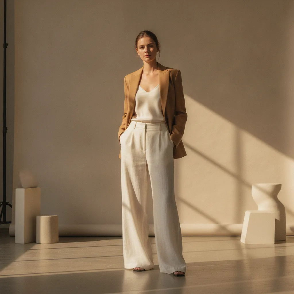 Ivory wide-leg trousers styled with a fitted camel blazer