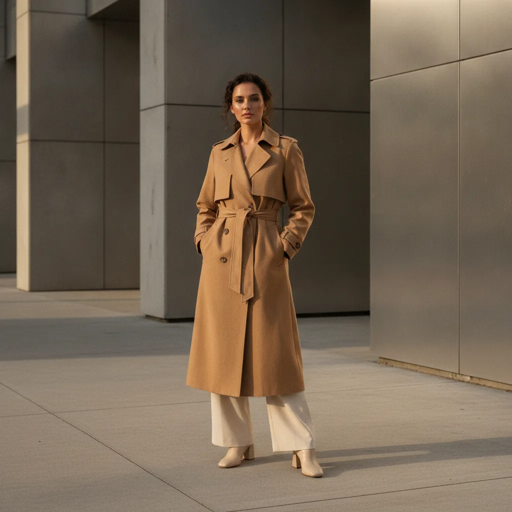 Woman in a perfectly belted trench, proportion-led look